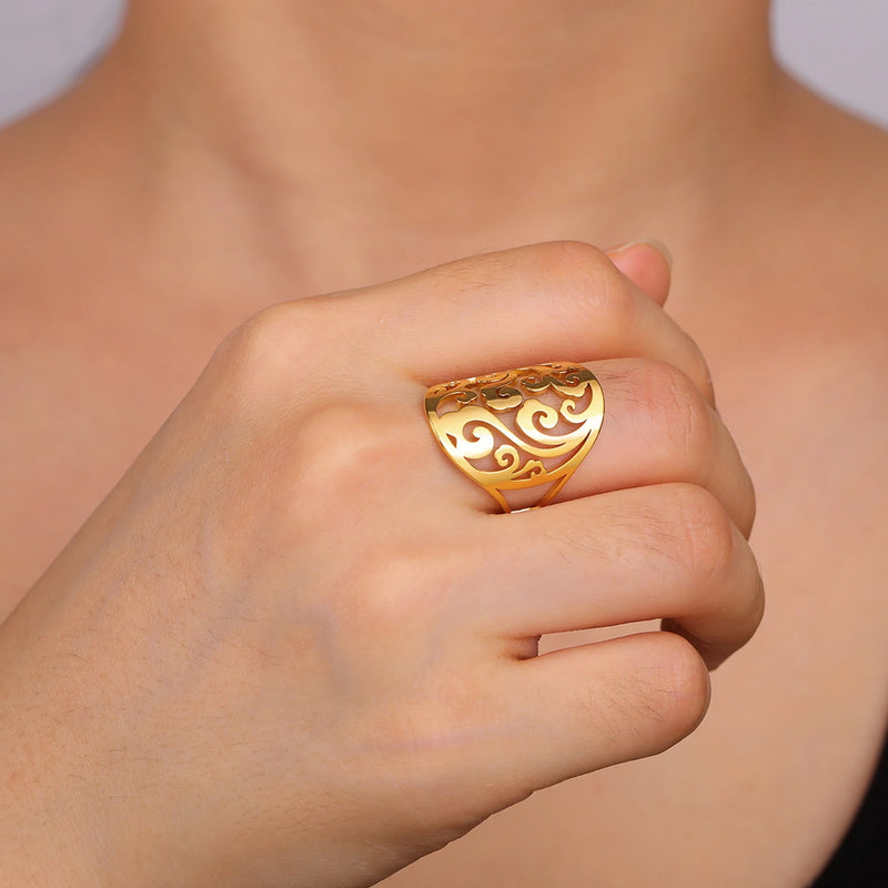 COOLTIME Vintage Filigree Flower Wave Adjustable Ring for Women Stainless Steel Aesthetic Rings Bohemian Jewelry Wedding Gift