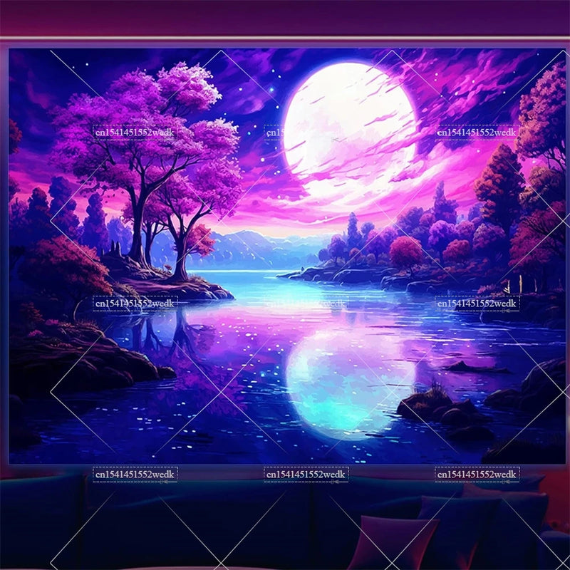 Mountain Moon Blacklight Tapestry UV Reactive Glow in The Dark Tree  Neon Tapestry Wall Art Decor Aesthetic Party Backdrops