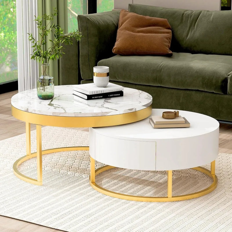 Coffee Table, Modern Round Nesting Coffee Table with Drawers Easy To Assemble, Circle Coffee Tables for Living Room