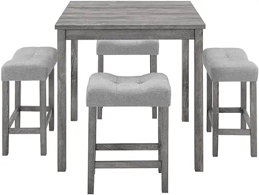 59'' Industrial 4 Piece Bar Table Set with Power Outlet, 3 Padded Stools for Kitchen, Living Room, Dining Room, Brown