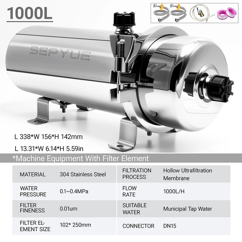 SEPYUE Whole House High Flow Water Filter System 1000L-8000L Stainless Steel Mineral Water Filter Reusable PVDF Lasts 5 Years