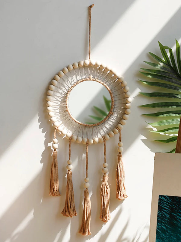 Wall Mirror Macrame Wooden Beads Decorative Mirrors Boho Home Decoration Room Decors Aesthetic Wall Art For Living Room Bedroom