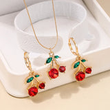 Summer Sweetness Cute Metal Delicacy Red Cherry Pendant Necklace Set for Women  Wedding Party Jewelry Sets Birthday Gift
