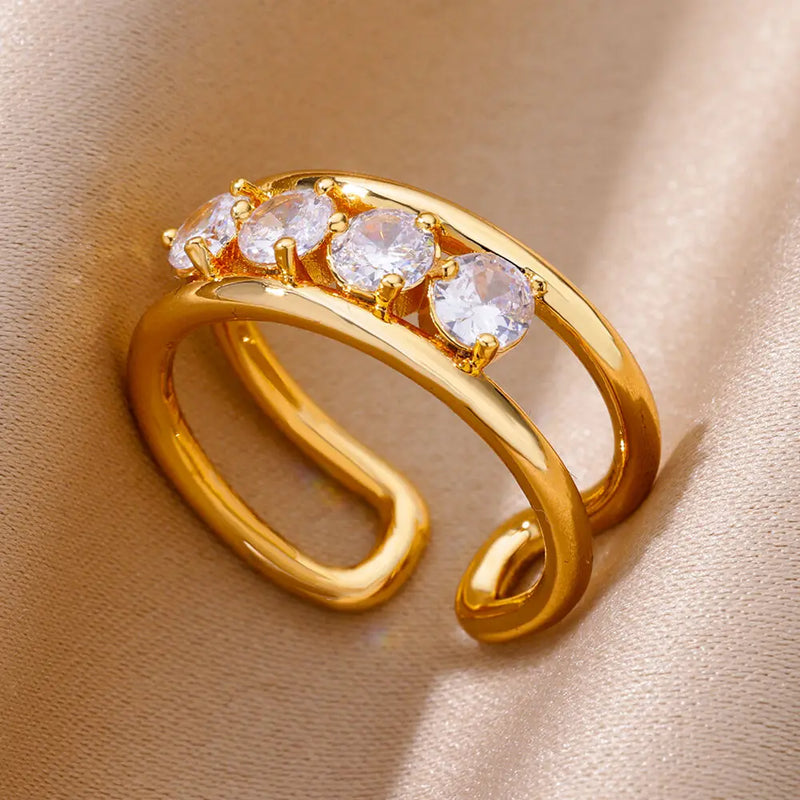 White Zircon Geometric Stainless Steel Rings For Women Adjustable Gold Plated Simplicity Ring Wedding Aesthetic Jewelry Gift BFF