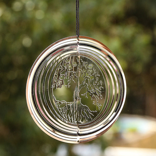 Tree of Life Wind Spinner Catcher 3D Rotating Pendant Flowing-Light Effect Mirror Reflection Design Garden Outdoor Hanging Decor