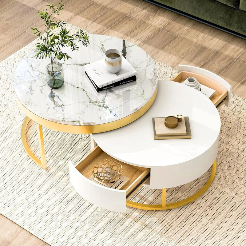 Coffee Table, Modern Round Nesting Coffee Table with Drawers Easy To Assemble, Circle Coffee Tables for Living Room