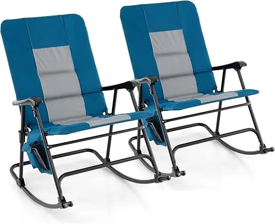 Oversized Folding Rocking Chair, Padded Patio Lounge Rocker w/Metal Frame, Armrests, Side Pocket, Lightweight Portable Rocking