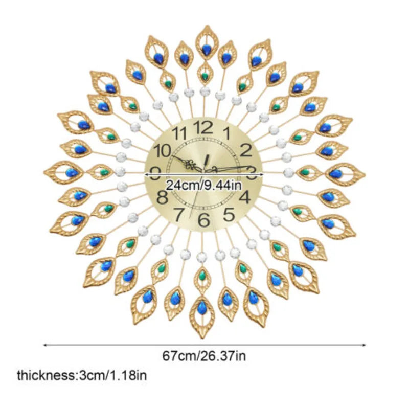 Luxury Large Clock 3D Peacock Retro Wall Decor Digital Clock Modern Art Living Room Decoration