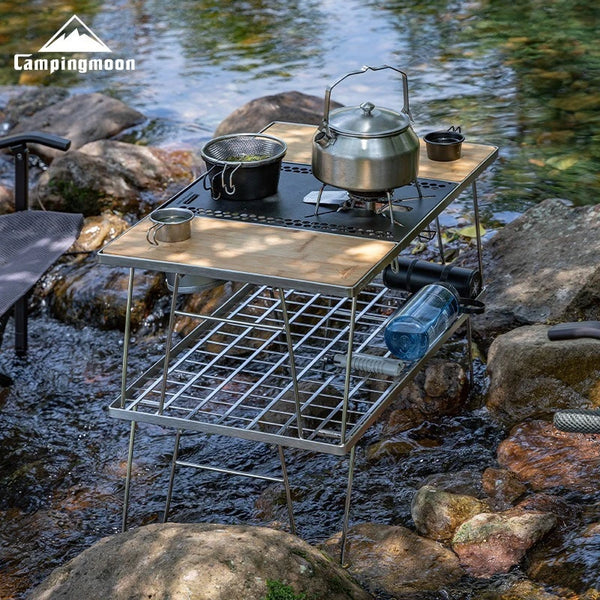CAMPINGMOON CK-P25 Stainless Steel Folding Table Middle Board Bamboo and Wood Camping Tea Table Unit Board