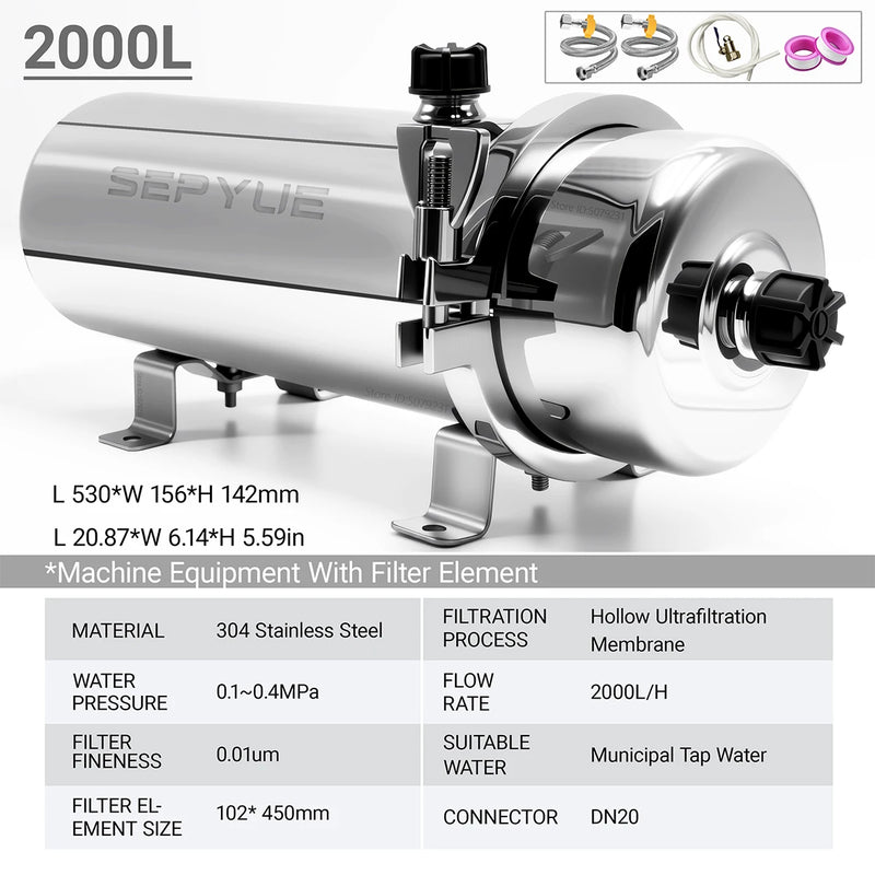 SEPYUE Whole House High Flow Water Filter System 1000L-8000L Stainless Steel Mineral Water Filter Reusable PVDF Lasts 5 Years