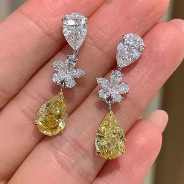 Elegant Yellow Cubic Zirconia Drop Earrings for Women Crystal Flower Sparkling Temperament Lady Earrings Wedding Jewelry E2175