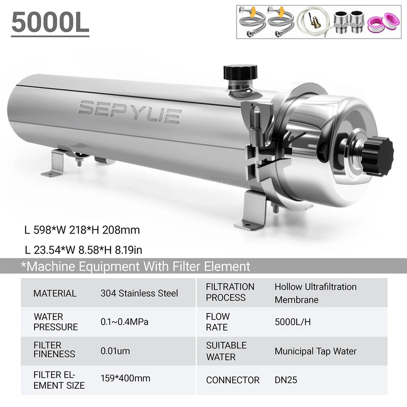 SEPYUE Whole House High Flow Water Filter System 1000L-8000L Stainless Steel Mineral Water Filter Reusable PVDF Lasts 5 Years