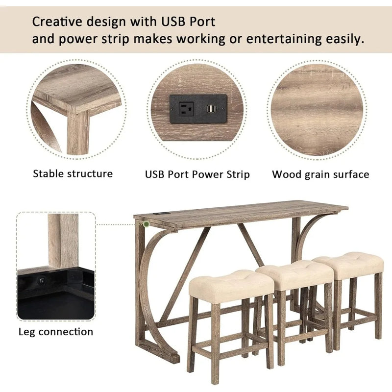 59'' Industrial 4 Piece Bar Table Set with Power Outlet, 3 Padded Stools for Kitchen, Living Room, Dining Room, Brown