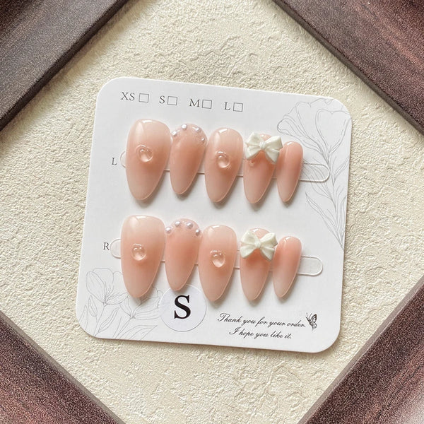 Gradient Pink Handmade Press on Nails with Bows Jelly Designed Almond False Nails Coffin Fake Nails Full Cover Fingernail Tips