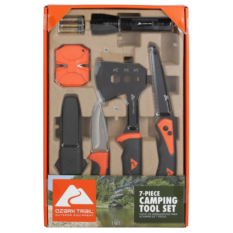 Ozark Trail 7-Piece Camping Tool Set with Hammer, Axe, Flashlight, and Knives, Batteries Included