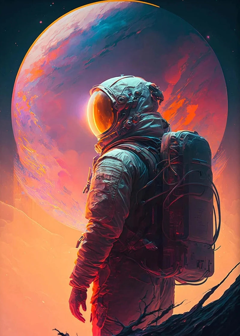 Astronaut Spaceman Oil Painting Wall Art Vibrant Sci-Fi Canvas Print Poster Colorful Outer Space Themed Living Room Decor Gift