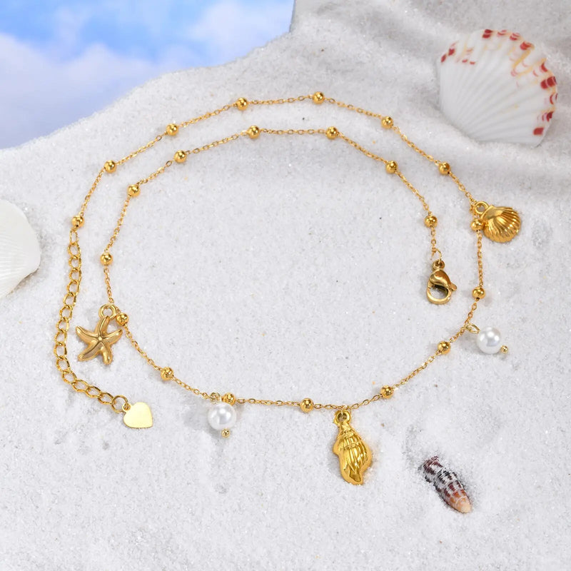 Vnox Ocean Style Stainless Steel Pearl Conch Necklace Summer Jewelry For Women Girl Gold Color Bead Chain Cool Collar Heart Tail