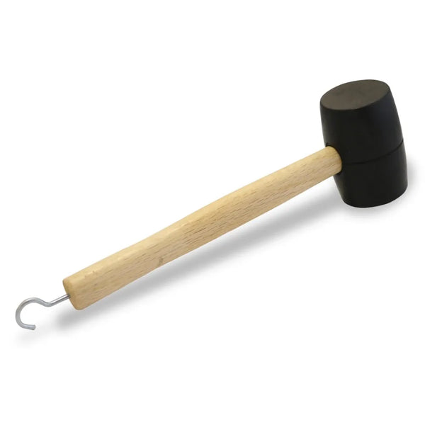Rubber hammer with wooden handle and hook for camping, tent pegs