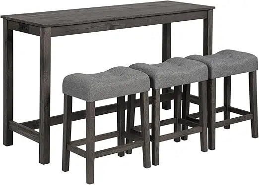 59'' Industrial 4 Piece Bar Table Set with Power Outlet, 3 Padded Stools for Kitchen, Living Room, Dining Room, Brown