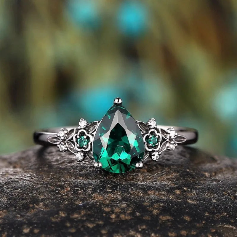 European and American fashion creative flower shape green zircon inlaid ring double layer women's ring