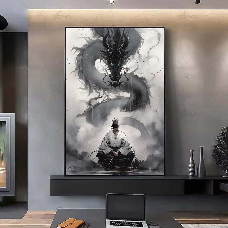 Asian Ink Style Dragon Shadow Waves Art Poster HD art sticky wall waterproof home living room bedroom bar aesthetic decoration