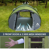 Green & Grey 110*78*51''4 Person Easy Pop Up Tent Waterproof Automatic Setup 2 Doors-Instant Family Tents for Camping Hiking & T