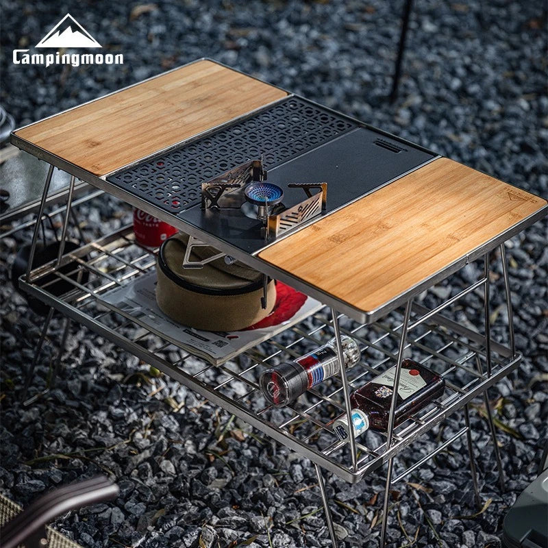 CAMPINGMOON CK-P25 Stainless Steel Folding Table Middle Board Bamboo and Wood Camping Tea Table Unit Board