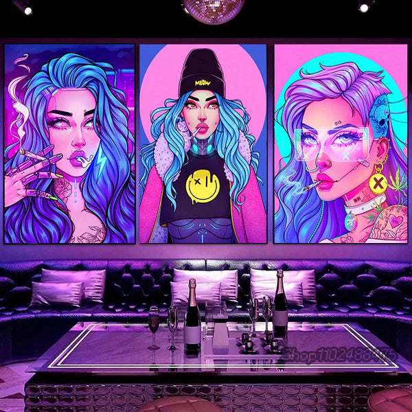 Cyber Punk Anime Neon Cool Girl Poster Aesthetic Purple Canvas Painting Wall Art Prints Pictures Gamer Room Home Decoration