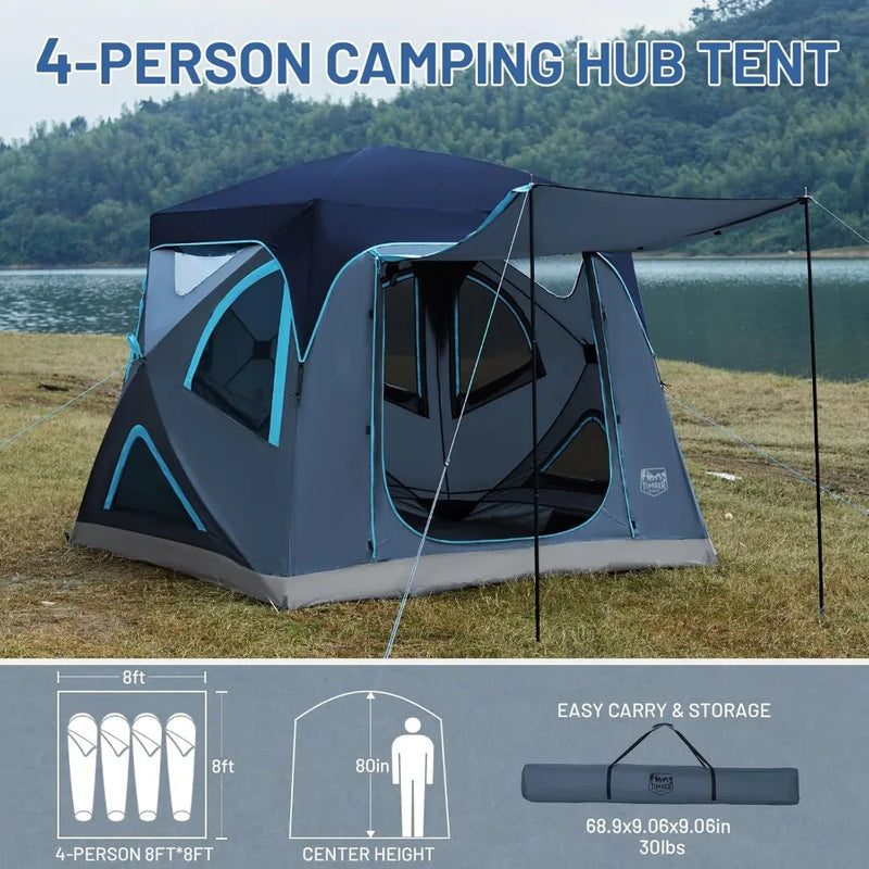 4 Person Instant Pop Up Hub Tent, Easy 60 Second Setup, Weather Resistant Camping Family Cabin Tent with Rain Fly and Carry Bag