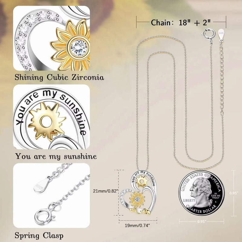 Fansilver Pendant Necklace S925 Sterling Silver Chain Gold Plated Sunflower Heart Chain with Shiny Cubic Zirconia Cute Jewelry