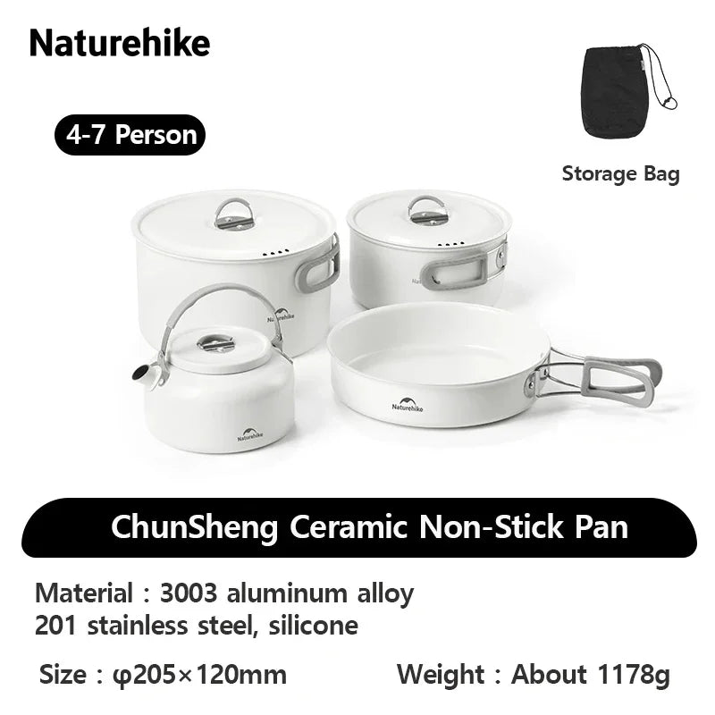 Naturehike Camping Cookware Ceramic Non-Stick Set Lightweight Portable Tableware Kettle Frying Pan Pot Cookset Kitchen Utensils