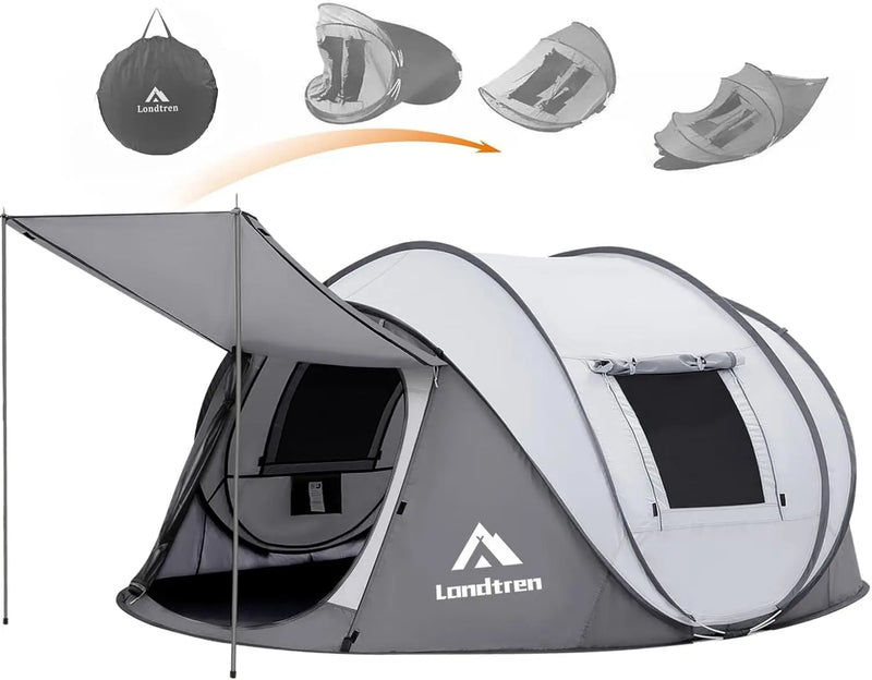 Green & Grey 110*78*51''4 Person Easy Pop Up Tent Waterproof Automatic Setup 2 Doors-Instant Family Tents for Camping Hiking & T