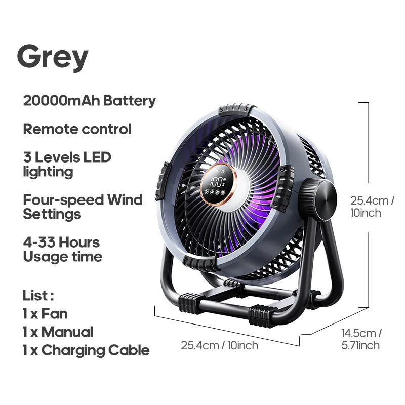 New 6 in 1 Outdoor Camping Fan 20000mAh Rechargeable Portable Wireless Tent Ceiling Fan 4 Speed Adjustment with Hook & LED Light