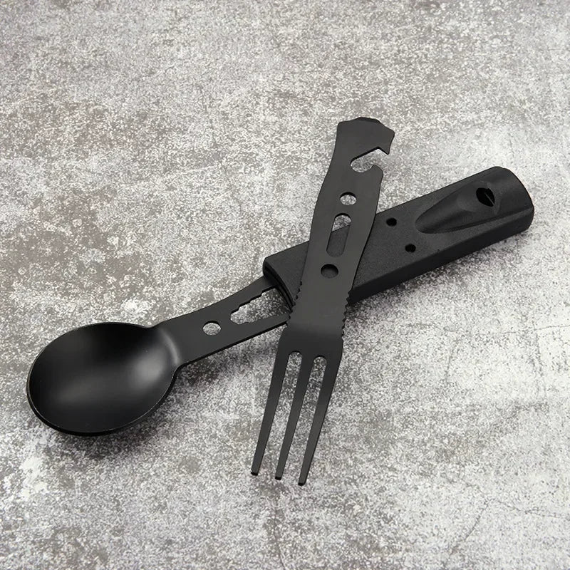 Outdoor Set Multi functional Camping Knives Camping Tableware Outdoor Wind Combination Stainless Steel with Whistle Spoon Fork