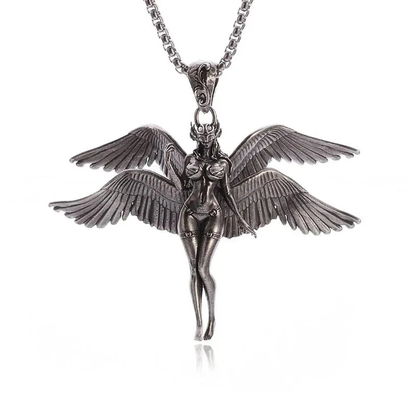 Retro Fallen Angels Necklace for Men Women Holy Four Wings Angel Goddess Pendent Punk Personality Jewelry Anniversary Gifts