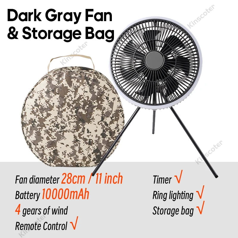 Outdoor Camping Fan Rechargeable Desktop 10000mAh Portable Circulator Wireless Ceiling Electric Fan with Power Bank LED Lighting