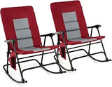 Oversized Folding Rocking Chair, Padded Patio Lounge Rocker w/Metal Frame, Armrests, Side Pocket, Lightweight Portable Rocking