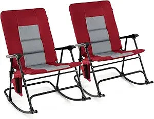 Oversized Folding Rocking Chair, Padded Patio Lounge Rocker w/Metal Frame, Armrests, Side Pocket, Lightweight Portable Rocking