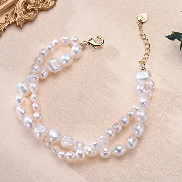 HENGSHENG Freshwater 5-6mm 8-9mm White Pearl Double Baroque Bracelet 925 Sterling Silver Fine Jewelry Gifts for Women Girls