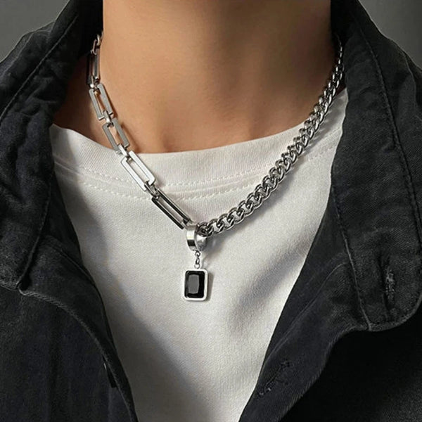 HNSP Trendy Stainless Steel Chain Splice Black Stone Pendant Necklace For Men 50CM+5CM Length Choker Male Neck Chains