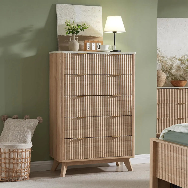 FlutedDresser, Modern Chest of Drawers with Faux Marble Top, Curved Profile Design, Wood Drawer Organizer for Bedroom