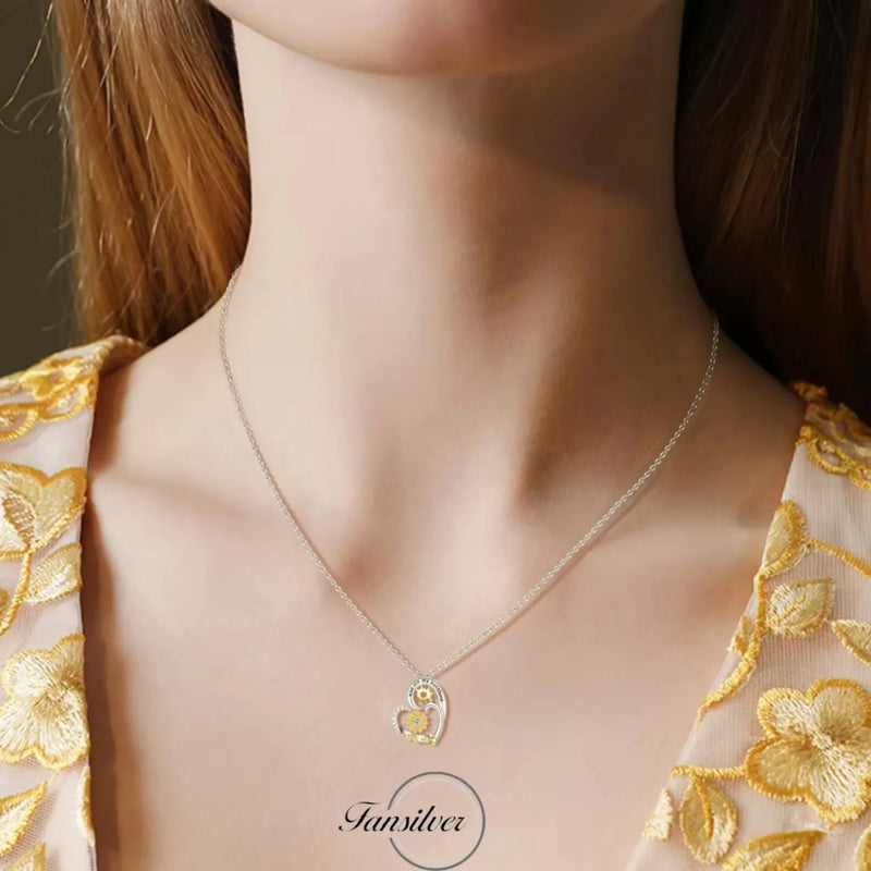 Fansilver Pendant Necklace S925 Sterling Silver Chain Gold Plated Sunflower Heart Chain with Shiny Cubic Zirconia Cute Jewelry