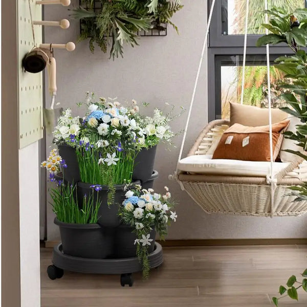 Vertical Garden Planter 3 Tiers Strawberry Stackable Vertical Pot Gardening Planter With Removable Wheels For Succulents Flowers