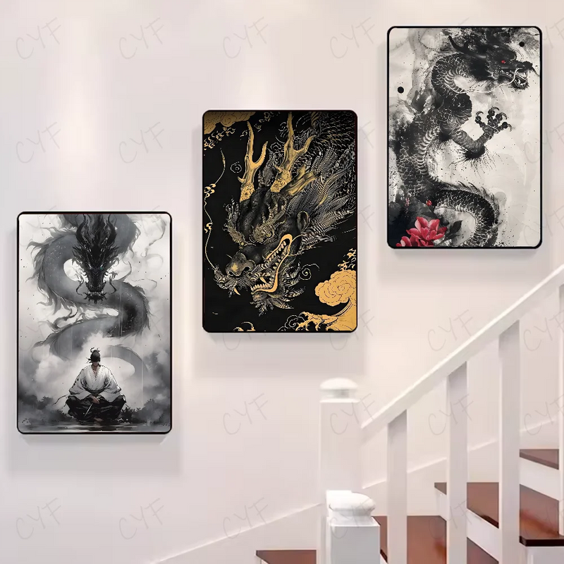 Asian Ink Style Dragon Shadow Waves Art Poster HD art sticky wall waterproof home living room bedroom bar aesthetic decoration
