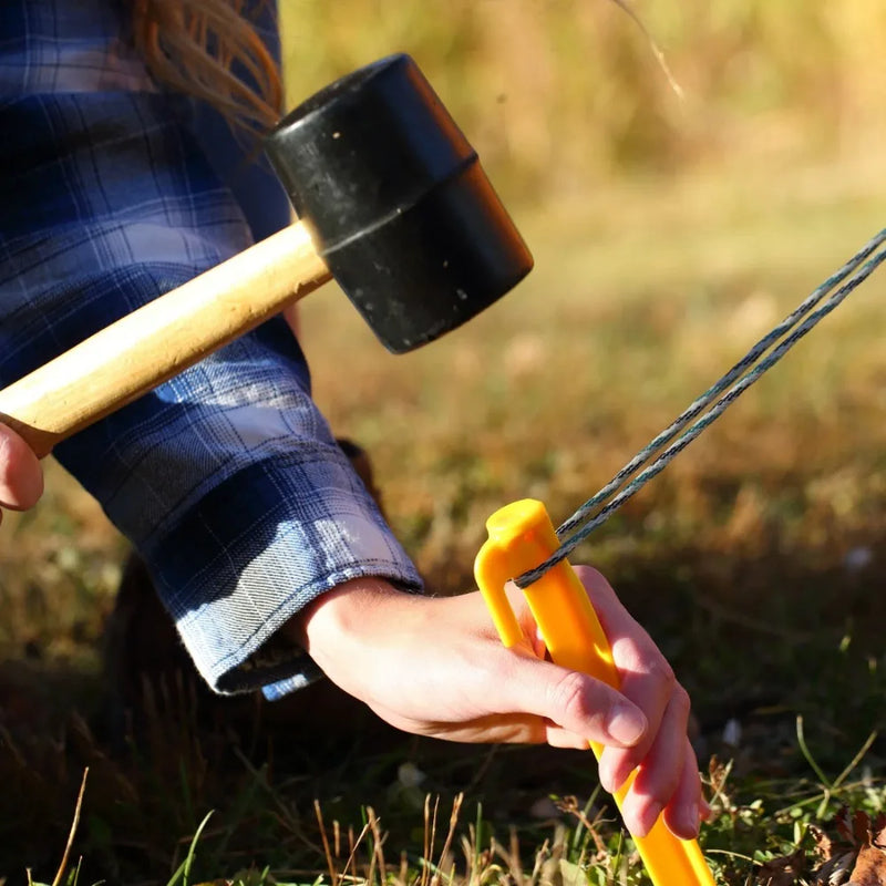 Rubber hammer with wooden handle and hook for camping, tent pegs