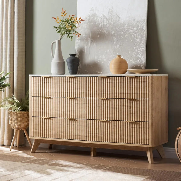FlutedDresser, Modern Chest of Drawers with Faux Marble Top, Curved Profile Design, Wood Drawer Organizer for Bedroom