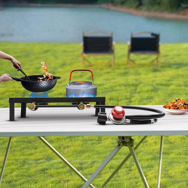 Double Propane Gas Burner Stove for Camping & Outdoor Cooking with Regulator Hose, Durable Iron Construction 0-10PSI