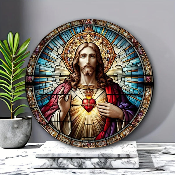 Jesus Christian Religion Theme Suncatcher Round Acrylic Stained Glass-Style Hanging Panel Window Decoration Wreath Sign Garden