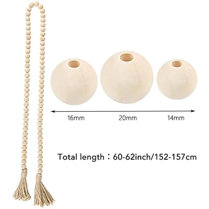 Farmhouse Beads 58in Wood Bead Garland with Tassels Rustic Country Decor Prayer Boho Beads Big Wall Hanging Decor