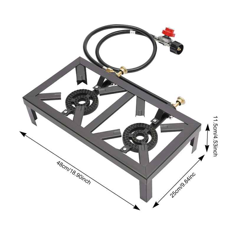 Double Propane Gas Burner Stove for Camping & Outdoor Cooking with Regulator Hose, Durable Iron Construction 0-10PSI